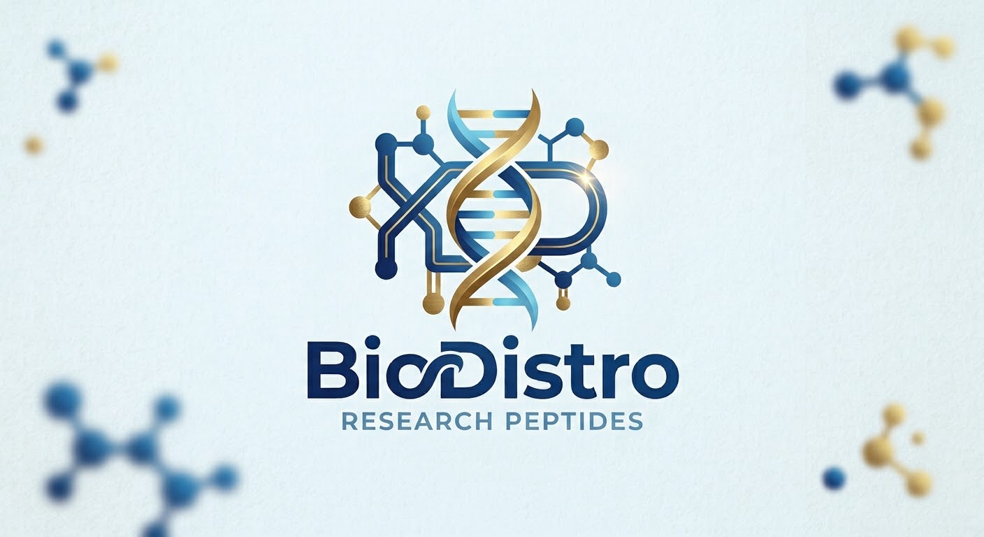 BioDistro Research Peptides logo with a blue and gold DNA helix and molecular details